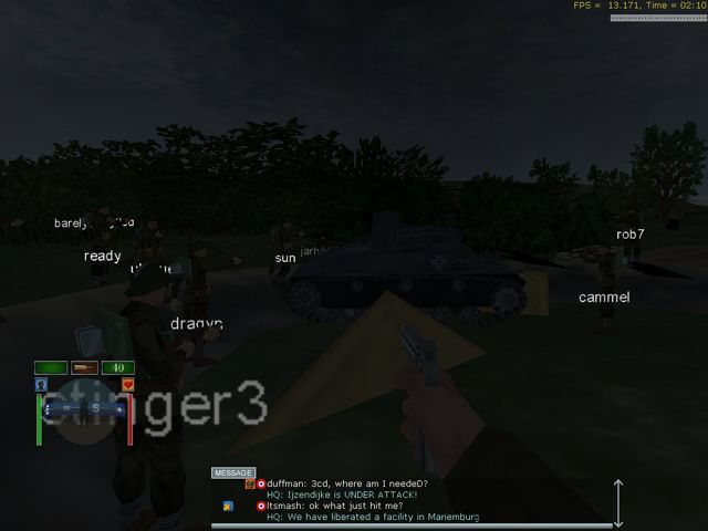 Night in-game screenshot: 3CD infantry gathered around a captured German light tank