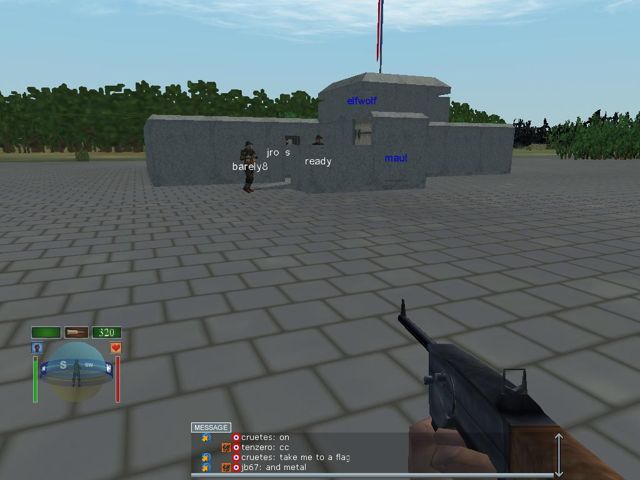 In-game screenshot: squad mates and Allied players at a bunker under the French flag