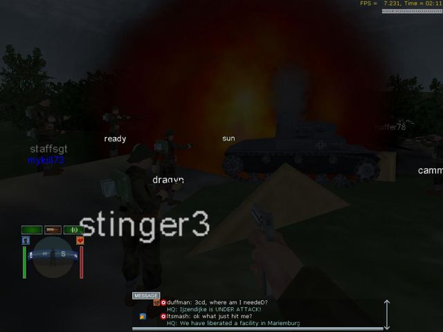 Night in-game screenshot: a tank explodes as 3CD squad mates look on during a training night