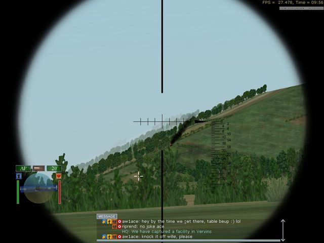 Gunsight view: a burning German tank on a ridge