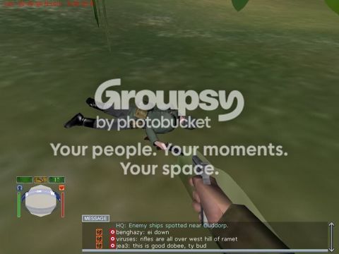 An enemy soldier down in the grass; chat shows Viruses calling rifles on the west hill of Ramet and Jea3 thanking a squadmate (in-game screenshot)