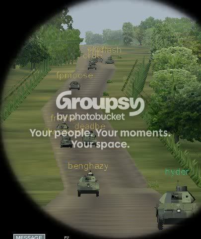 Through binoculars: a 3CD column of armoured cars on the road during the Sambreville road march (in-game screenshot)